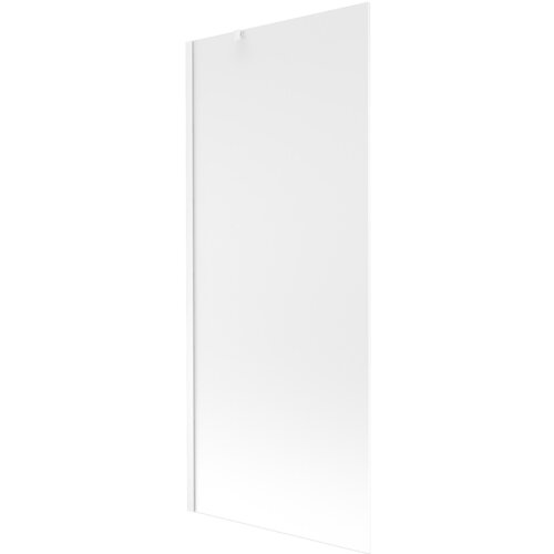 Na zdjęciu widoczny jest prostokątny, jednoskrzydłowy parawan nawannowy o matowej, szronionej powierzchni w białym kolorze. Produkt ma minimalistyczny design i jest przeznaczony do montażu na wannie.