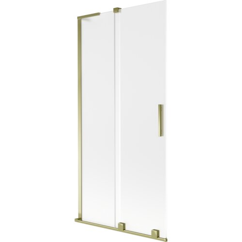 Dwuskrzydłowy, rozsuwany parawan nawannowy o wymiarach 90 x 150 cm, wykonany z przezroczystego szkła z matowym wykończeniem i złotymi elementami montażowymi. Produkt ma prostokątny kształt z pionowym uchwytem na jednym ze skrzydeł.