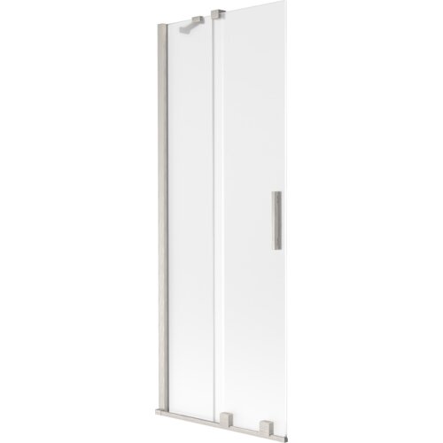 Dwuskrzydłowy, rozsuwany parawan nawannowy o wymiarach 75 x 150 cm, wykonany z matowego szkła i wykończony w niklu szczotkowanym. Produkt posiada prostokątny uchwyt oraz metalowe elementy montażowe.