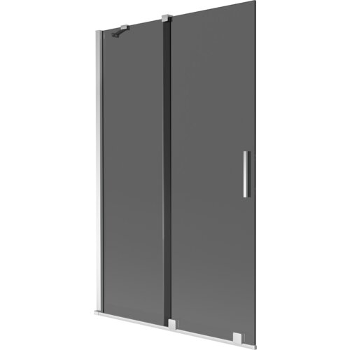 Dwuskrzydłowy, rozsuwany parawan nawannowy w kolorze grafitowym z chromowanymi elementami, o wymiarach 110 x 150 cm. Produkt ma prosty, nowoczesny design z metalowym uchwytem na jednym ze skrzydeł.