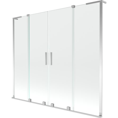 Na zdjęciu znajduje się przezroczysty, dwuskrzydłowy parawan nawannowy z chromowanymi elementami, o wymiarach 180 x 150 cm. Parawan posiada dwa pionowe uchwyty pośrodku.