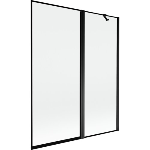 Dwuskrzydłowy parawan nawannowy z czarną ramką, wykonany z przezroczystego szkła, z widocznym uchwytem na górze. Produkt ma minimalistyczny design i prostokątny kształt.