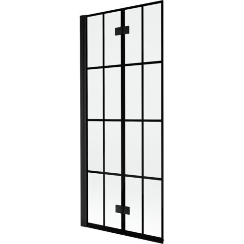 Dwuskrzydłowy parawan nawannowy z czarną kratką, wykonany ze szkła, z czarnymi zawiasami i ramą. Produkt ma prostokątny kształt i nowoczesny design.