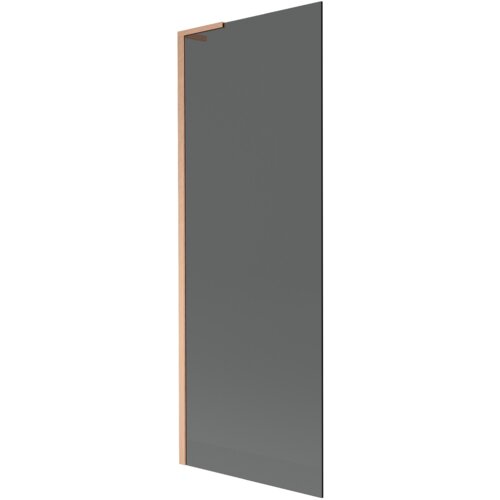 Na zdjęciu znajduje się parawan nawannowy o grafitowym szkle i ramie w kolorze miedzi szczotkowanej. Produkt jest jednoskrzydłowy i ma wymiary 70 x 150 cm.