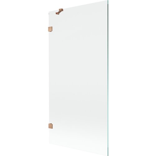 Przezroczysty parawan nawannowy z jednym skrzydłem, o wymiarach 90 x 150 cm, z elementami w kolorze miedzi szczotkowanej. Produkt ma prostokątny kształt i jest wyposażony w metalowe uchwyty.