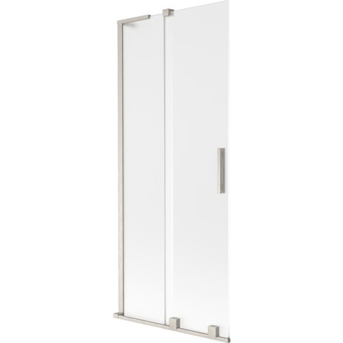 Dwuskrzydłowy parawan nawannowy o wymiarach 80 x 150 cm, wykonany z matowego szkła z niklowanymi, szczotkowanymi ramami i uchwytem. Produkt ma prosty, nowoczesny design z widocznymi elementami montażowymi.