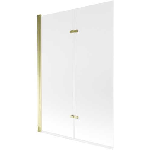 Dwuskrzydłowy parawan nawannowy o wymiarach 120 x 150 cm z matowym wykończeniem i złotymi elementami montażowymi. Produkt ma prostą, elegancką konstrukcję z przezroczystymi panelami.
