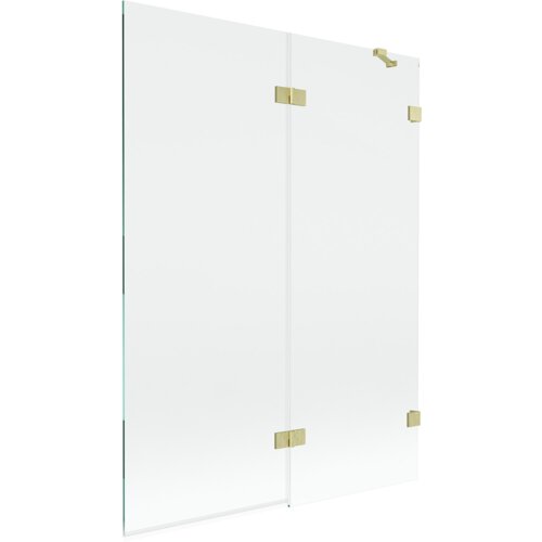 Dwuskrzydłowy parawan nawannowy o wymiarach 130 x 150 cm, wykonany z transparentnego szkła, z elementami w kolorze złotym szczotkowanym. Produkt ma prostą konstrukcję z widocznymi złotymi zawiasami.