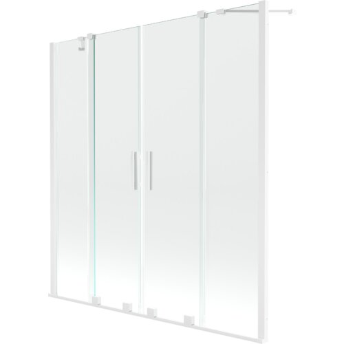 Dwuskrzydłowy, rozsuwany parawan nawannowy o wymiarach 160 x 150 cm, wykonany z przezroczystego szkła i białych elementów konstrukcyjnych. Produkt posiada dwa pionowe uchwyty umieszczone na środku.