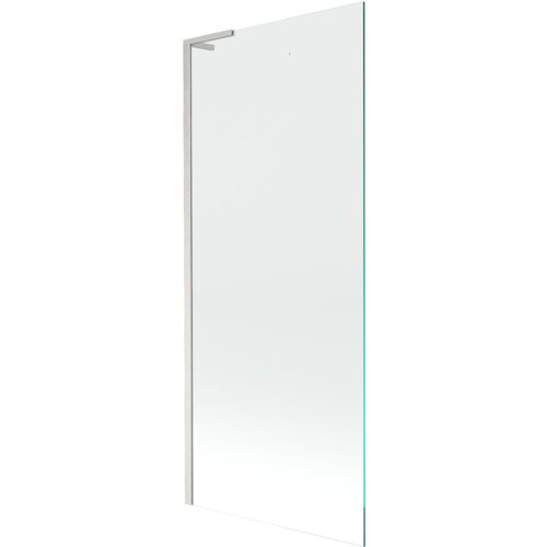 Przezroczysty parawan nawannowy o wymiarach 80 x 150 cm z jednym skrzydłem, wykonany z niklu szczotkowanego, z prostokątnym uchwytem na górze. Produkt ma minimalistyczny design z metalową ramą po jednej stronie.