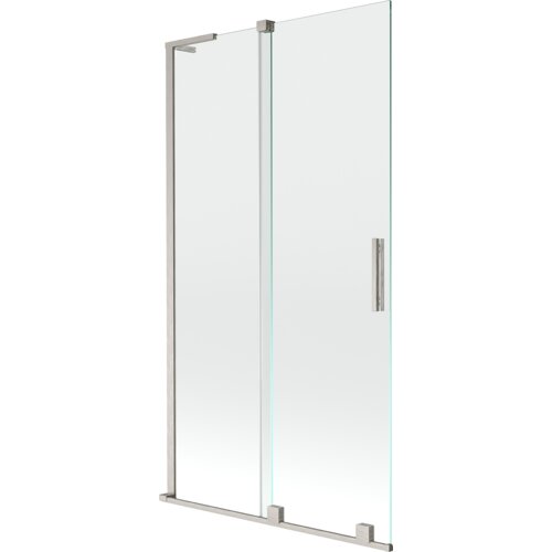 Dwuskrzydłowy, rozsuwany parawan nawannowy wykonany z przezroczystego szkła, z ramą i uchwytami w kolorze niklu szczotkowanego. Produkt ma prosty, nowoczesny design i wymiary 100 x 150 cm.