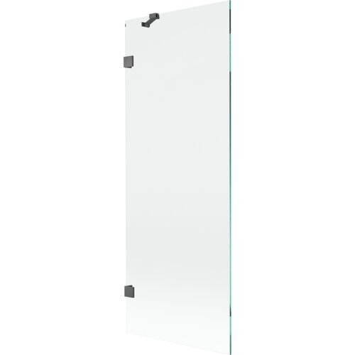 Przezroczysty parawan nawannowy o wymiarach 70 x 150 cm z ciemnoszarymi, szczotkowanymi elementami mocującymi. Produkt ma prostokątny kształt i minimalistyczny design.