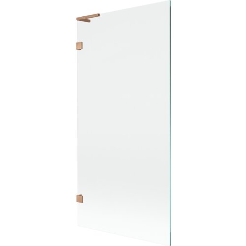 Przezroczysty parawan nawannowy z jednym skrzydłem, wykonany ze szkła, z elementami w kolorze miedzi szczotkowanej. Produkt ma prostokątny kształt i minimalistyczny design.