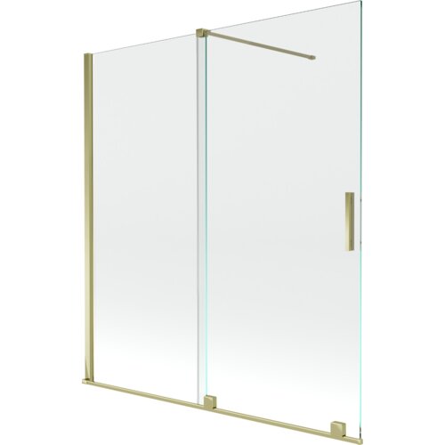Przesłane zdjęcie przedstawia dwuskrzydłowy, rozsuwany parawan nawannowy o wymiarach 150 x 150 cm, wykonany z przezroczystego szkła z elementami w złotym kolorze. Produkt ma prostą, nowoczesną konstrukcję z pionowym uchwytem na jednym ze skrzydeł.