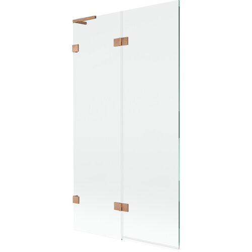 Przezroczysty parawan nawannowy z dwoma skrzydłami, wykonany ze szkła, z elementami w kolorze miedzi szczotkowanej. Produkt ma prosty, nowoczesny design i jest przeznaczony do montażu na wannie.