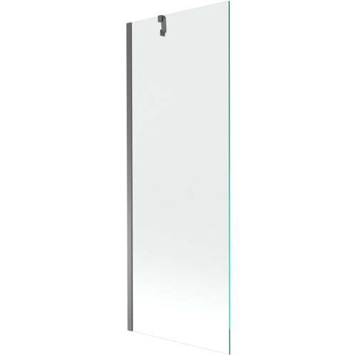 Przezroczysty parawan nawannowy o wymiarach 70 x 150 cm z metalowym wykończeniem w kolorze gun metal. Produkt ma prostokątny kształt i widoczny uchwyt montażowy na górze.