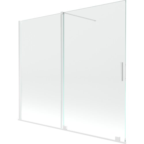 Przezroczysty, dwuskrzydłowy parawan nawannowy z białymi elementami montażowymi i prostokątnym uchwytem. Produkt ma minimalistyczny design i jest oznaczony jako "Mexen Velar parawan nawannowy 2-skrzydłowy rozsuwany 180 x 150 cm, transparent, biały - 896-180-000-01-20".