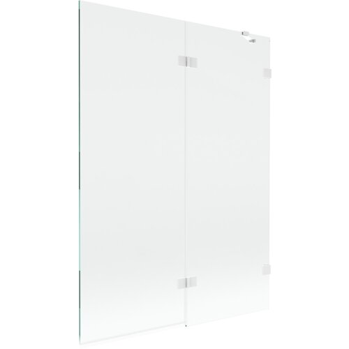 Dwuskrzydłowy, transparentny parawan nawannowy o wymiarach 130 x 150 cm, z białymi elementami mocującymi. Produkt ma prosty, nowoczesny design z widocznymi zawiasami.