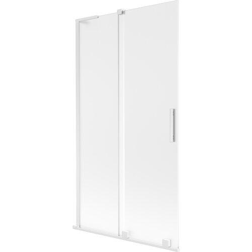 Dwuskrzydłowy, rozsuwany parawan nawannowy w kolorze białym z matowym wykończeniem, posiada prostokątną, metalową rączkę. Produkt ma minimalistyczny design i jest wykonany z gładkiego materiału.
