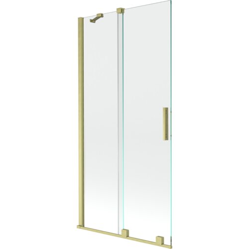 Dwuskrzydłowy, rozsuwany parawan nawannowy o wymiarach 90 x 150 cm, wykonany z transparentnego szkła z elementami w kolorze złotym szczotkowanym. Produkt posiada prostokątny uchwyt oraz mocowania w tym samym kolorze.