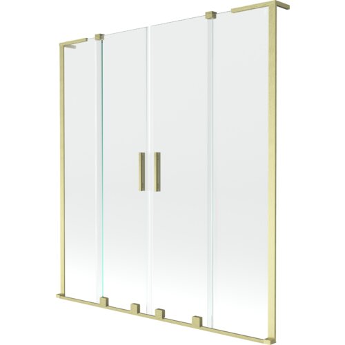 Przesłany obraz przedstawia dwuskrzydłowy, rozsuwany parawan nawannowy o wymiarach 150 x 150 cm, wykonany z przezroczystego szkła z elementami w kolorze złotym szczotkowanym. Parawan posiada prostokątne uchwyty i złote ramy na górze i dole.