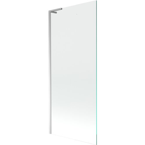 Przezroczysta przegroda wannowa z chromowanymi elementami, o prostokątnym kształcie i gładkiej powierzchni. Produkt ma minimalistyczny design i jest wykonany z przezroczystego szkła.