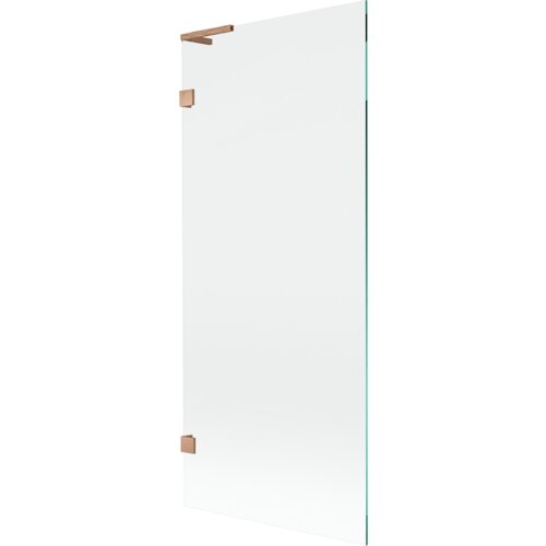 Przezroczysty parawan nawannowy z jednym skrzydłem, wykonany ze szkła, z elementami w kolorze miedzi szczotkowanej. Produkt ma prostokątny kształt i minimalistyczny design.