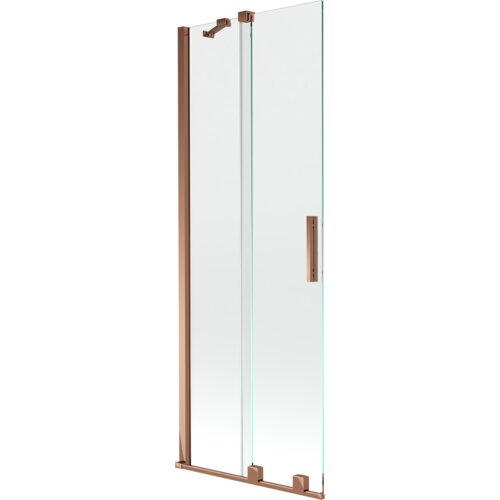 Dwuskrzydłowy, rozsuwany parawan nawannowy o wymiarach 75 x 150 cm, wykonany z przezroczystego szkła, z elementami w kolorze różowego złota. Produkt ma prostą, nowoczesną konstrukcję z metalowymi uchwytami i mocowaniami.