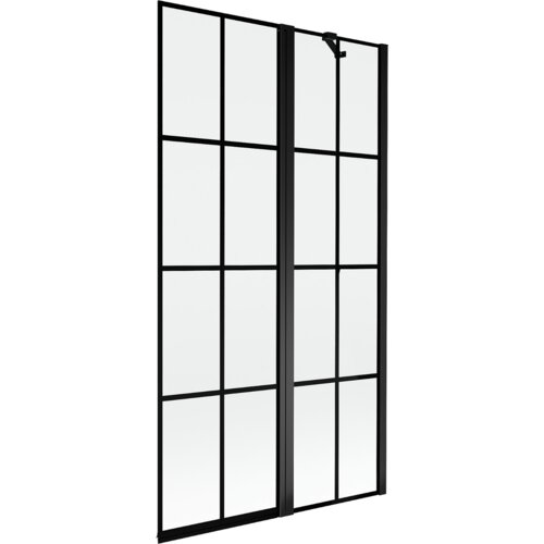 Dwuskrzydłowy parawan nawannowy z czarną kratką, wykonany ze szkła, z czarnymi ramami i zawiasami. Produkt ma prostokątny kształt i nowoczesny design.