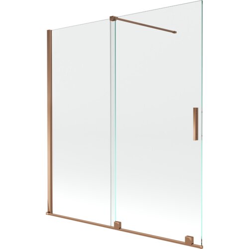 Przesłany obraz przedstawia dwuskrzydłowy, rozsuwany parawan nawannowy o wymiarach 150 x 150 cm, wykonany z przezroczystego szkła z elementami w kolorze różowego złota. Produkt ma prostą, nowoczesną konstrukcję z metalowymi uchwytami i wspornikami.