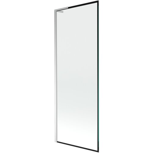 Na zdjęciu widoczny jest prostokątny parawan nawannowy z przezroczystego szkła, otoczony czarną ramką z chromowanymi elementami. Produkt ma minimalistyczny design i jest przeznaczony do montażu w łazience.