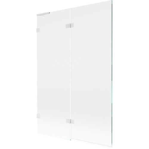 Dwuskrzydłowy, transparentny parawan nawannowy o wymiarach 120 x 150 cm z białymi elementami montażowymi. Produkt ma prosty, nowoczesny design z metalowymi zawiasami.
