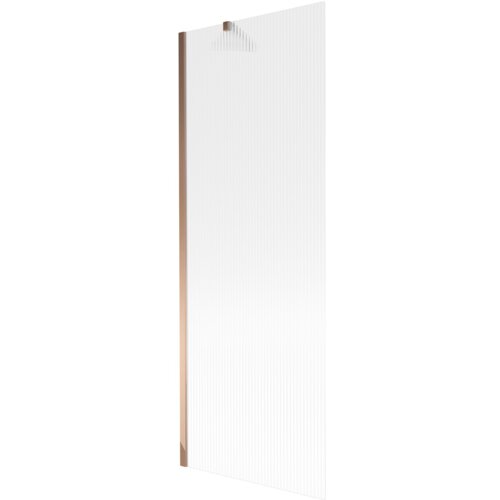 Przesłany obraz przedstawia jednoskrzydłowy parawan nawannowy o wymiarach 70 x 150 cm z prążkowaną powierzchnią i wykończeniem w kolorze różowego złota. Produkt ma prostą, elegancką konstrukcję z pionowymi liniami na szklanej powierzchni.