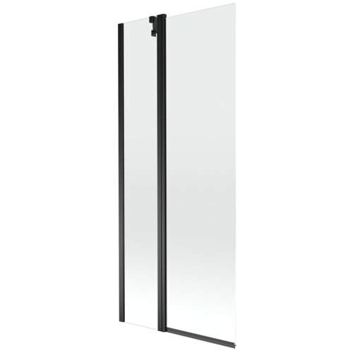 Dwuskrzydłowy, transparentny parawan nawannowy z czarnymi ramami, wykonany ze szkła, o wymiarach 80 x 150 cm. Produkt ma prosty, nowoczesny design z widocznymi zawiasami.