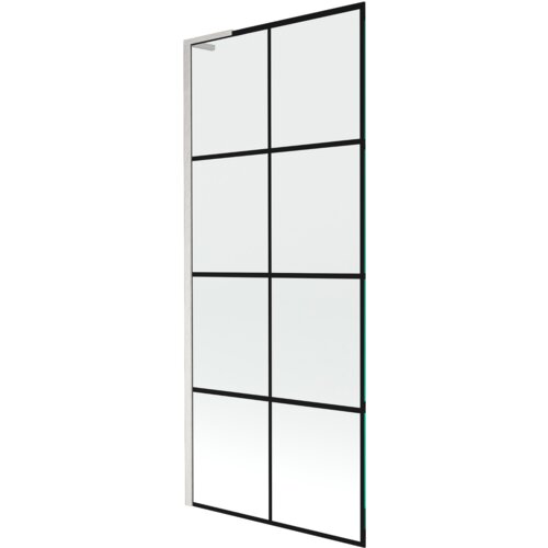 Jednoskrzydłowy parawan nawannowy o wymiarach 80 x 150 cm z czarną kratką i wykończeniem w kolorze niklu szczotkowanego. Produkt ma prostokątny kształt z metalową ramą i przezroczystymi panelami podzielonymi na osiem sekcji.