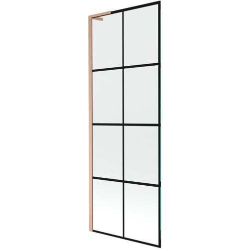 Szklany parawan nawannowy z czarną kratką i ramą w kolorze miedzi szczotkowanej, o wymiarach 70 x 150 cm. Produkt oznaczony jako "Mexen Next L parawan nawannowy 1-skrzydłowy 70 x 150 cm, czarna kratka, miedź szczotkowana - 895-070-000-03-77-65".