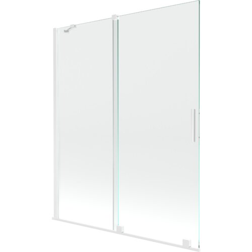 Przesłane zdjęcie przedstawia dwuskrzydłowy, rozsuwany parawan nawannowy o wymiarach 140 x 150 cm, wykonany z przezroczystego szkła z białymi elementami konstrukcyjnymi. Produkt ma prosty, nowoczesny design z widocznymi uchwytami na jednym ze skrzydeł.