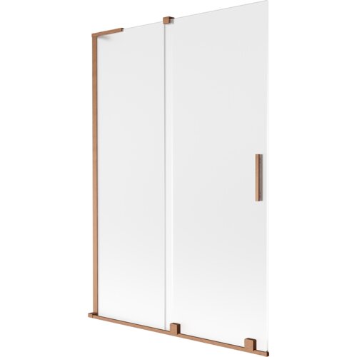Dwuskrzydłowy parawan nawannowy o wymiarach 120 x 150 cm, wykonany z mrożonego szkła z elementami w kolorze szczotkowanej miedzi. Produkt ma prostokątny kształt z widocznym uchwytem na jednym ze skrzydeł.