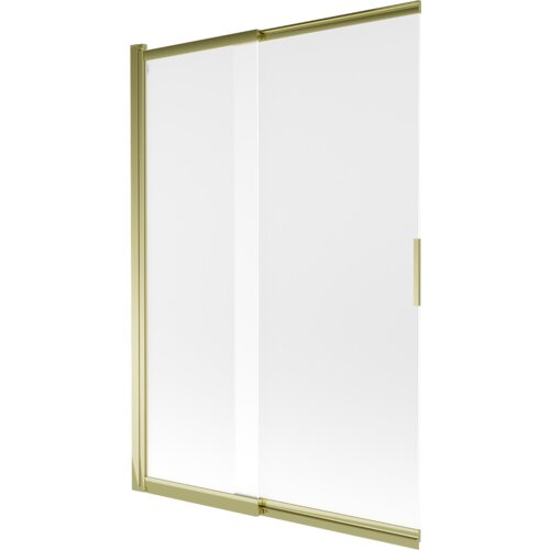Dwuskrzydłowy, przesuwny parawan nawannowy o wymiarach 120 x 150 cm, wykonany z matowego szkła z złotymi elementami wykończenia. Produkt ma prosty, nowoczesny design z uchwytem na jednym ze skrzydeł.
