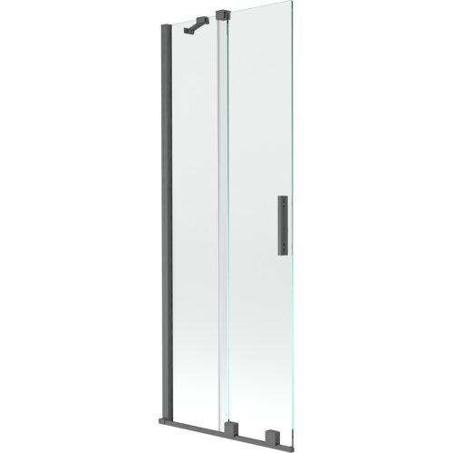 Przesłane zdjęcie przedstawia dwuskrzydłowy, rozsuwany parawan nawannowy o wymiarach 70 x 150 cm, wykonany z przezroczystego szkła z elementami w kolorze gun gray szczotkowanym. Produkt ma prostokątny uchwyt i metalowe elementy montażowe.