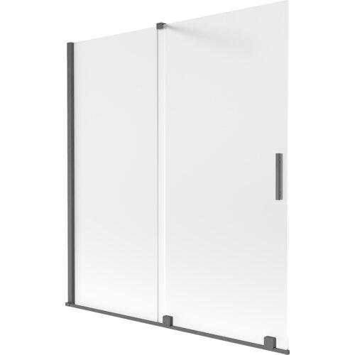 Dwuskrzydłowy, rozsuwany parawan nawannowy o wymiarach 150 x 150 cm, wykonany z matowego szkła w kolorze szronu, z elementami w odcieniu gun gray szczotkowanym. Produkt posiada prostokątny uchwyt i metalowe elementy mocujące.