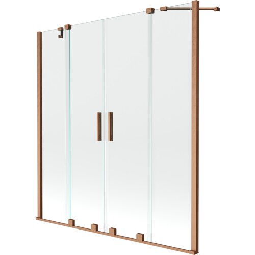 Przesłane zdjęcie przedstawia dwuskrzydłowy, rozsuwany parawan nawannowy o wymiarach 140 x 150 cm, wykonany z przezroczystego szkła z elementami w kolorze szczotkowanej miedzi. Parawan ma prostą konstrukcję z metalowymi uchwytami i mocowaniami.