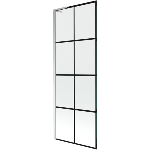 Szklany parawan nawannowy z czarną kratką i chromowaną ramą, składający się z jednego skrzydła. Produkt ma wymiary 70 x 150 cm.