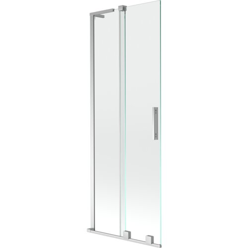 Na zdjęciu widoczny jest dwuskrzydłowy, rozsuwany parawan nawannowy o wymiarach 75 x 150 cm, wykonany z przezroczystego szkła z chromowanymi elementami. Produkt ma prostokątny uchwyt i metalowe prowadnice.