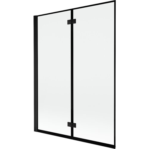 Dwuskrzydłowy parawan nawannowy z czarną ramką, wykonany z przezroczystego szkła, z widocznymi zawiasami pośrodku. Produkt ma prosty, nowoczesny design i jest przeznaczony do montażu na wannie.