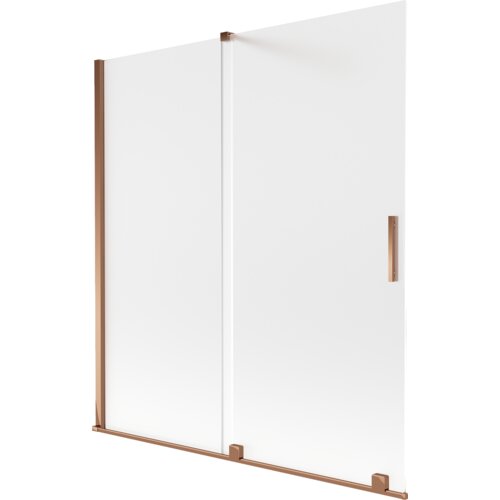 Dwuskrzydłowy parawan nawannowy o wymiarach 150 x 150 cm, wykonany z matowego szkła, z elementami w kolorze różowego złota. Produkt ma prostokątny kształt i posiada uchwyt w tym samym kolorze co ramy.