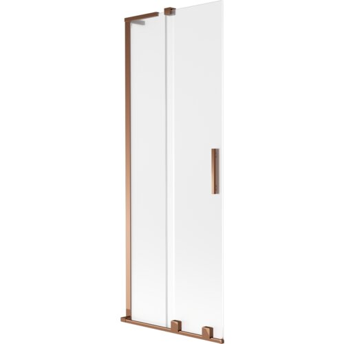 Dwuskrzydłowy parawan nawannowy o wymiarach 75 x 150 cm, wykonany z przezroczystego szkła z matowym wykończeniem, z elementami w kolorze różowego złota. Produkt posiada prostokątną, metalową rączkę oraz solidne mocowania.