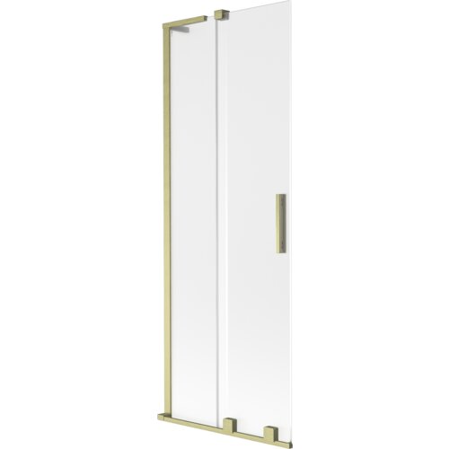 Dwuskrzydłowy parawan nawannowy o wymiarach 75 x 150 cm, wykonany ze szkła o szronionej powierzchni, z elementami w kolorze złotym szczotkowanym. Produkt ma prostokątny uchwyt i złote ramy.