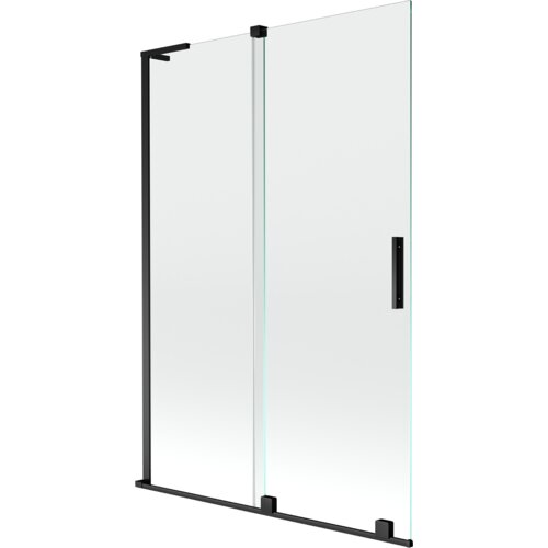 Dwuskrzydłowy, rozsuwany parawan nawannowy o wymiarach 120 x 150 cm, wykonany z przezroczystego szkła z czarnymi elementami konstrukcyjnymi. Produkt ma prosty, nowoczesny design z czarnym uchwytem na jednym ze skrzydeł.