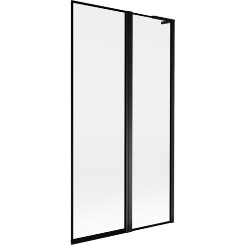 Dwuskrzydłowy parawan nawannowy z czarną ramką, wykonany z przezroczystego szkła, o prostokątnym kształcie. Produkt ma minimalistyczny design z wyraźnie zaznaczonymi pionowymi liniami ramy.
